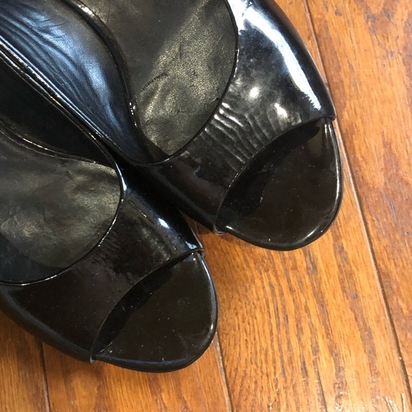 Cole Haan Black Patent Leather Wedge Peep Toe - Picture 3 of 8